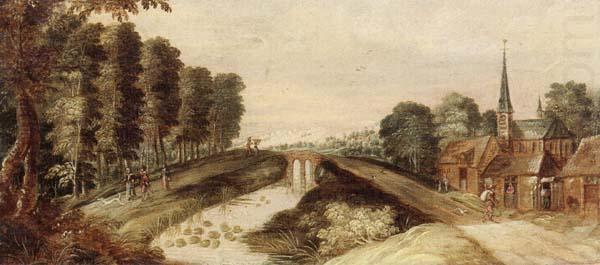 A Riverside village with travellers on a path near a dridge, unknow artist